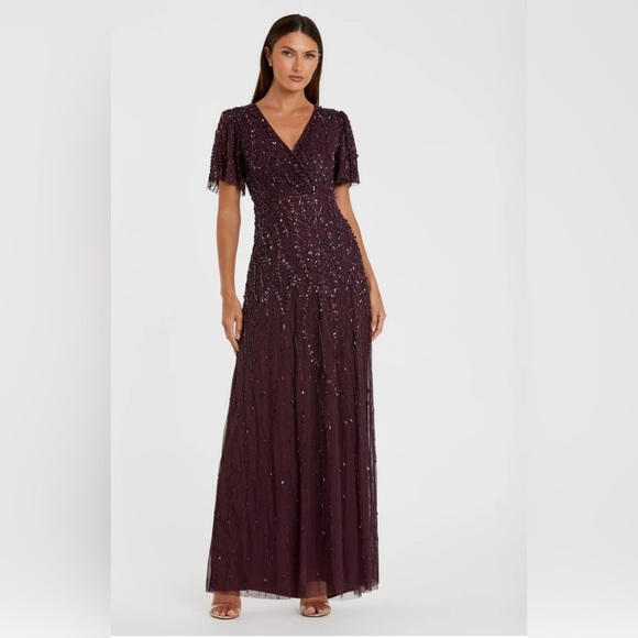 NWT | Mac Duggal 35109 Aubergine Purple Embellished Flutter Sleeve Gown Size12 - Picture 4 of 15